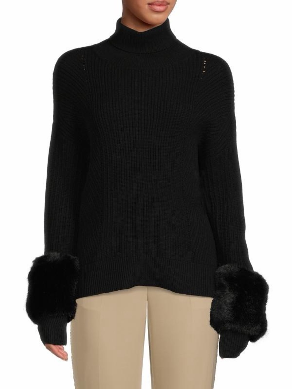 Saks Fifth Avenue Faux Fur Trim Dropped Shoulder Sweater Black